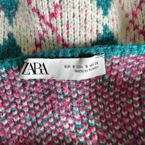 Zara Argyle Knit Jacquard Sweater Cardigan Round Neck Blue Color Sz S - Picture 6 of 8